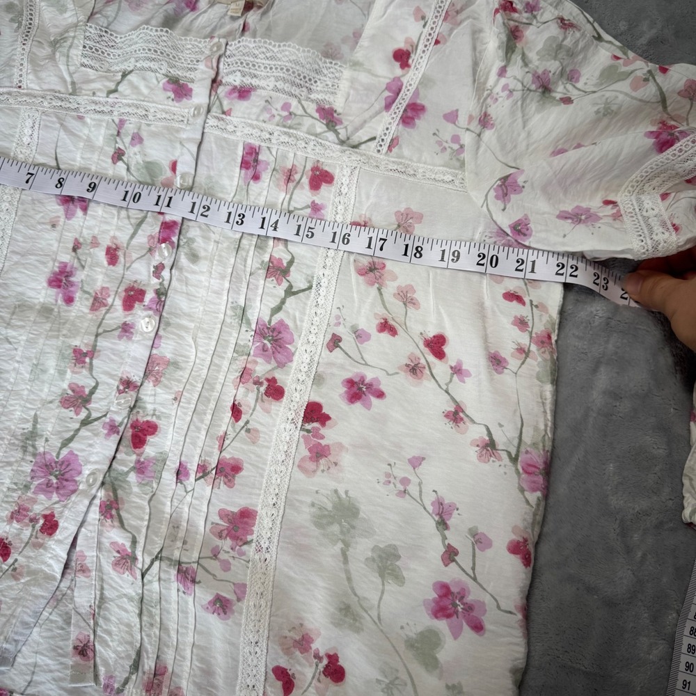 Hester & Orchard Floral Lace Trim Pintuck Button Front Blouse White Pink Medium - Picture 5 of 8